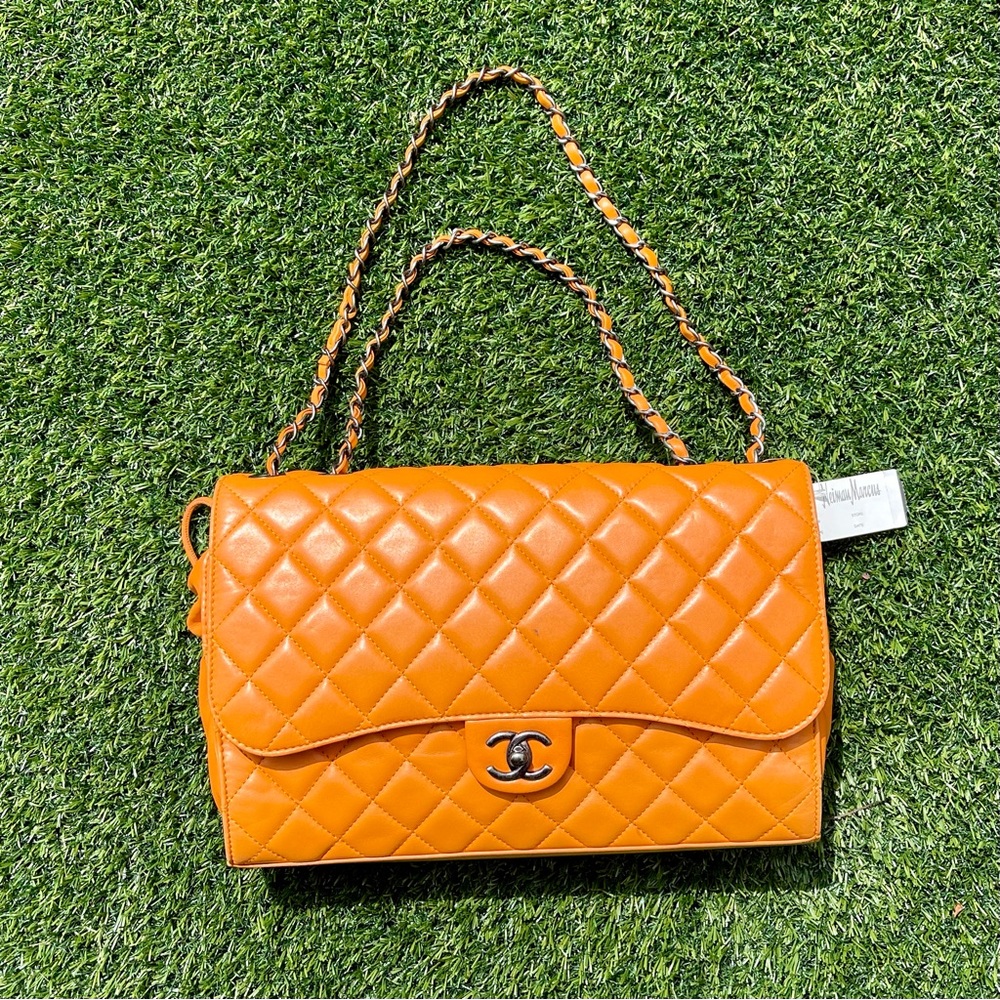 NEW! CHANEL Lambskin Quilted Jumbo Grocery Drawstring Shopping Bag Orange